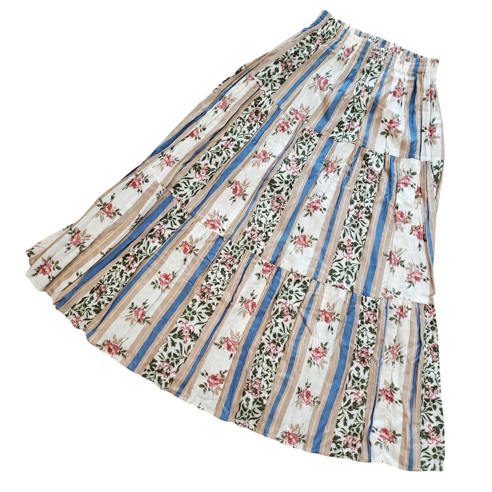 Liza Lynn VTG Womens Floral Stripe Tiered Maxi Skirt Blue Tan Rayon Large Texas